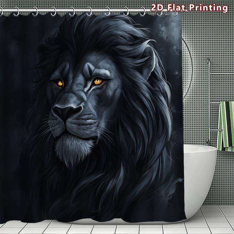 4Pcs Dark Lion Shower Curtain Set with Non-Slip Bath Mat, Toilet Lid Cover, Contour Rug & 12 Hooks, Bathroom Decor