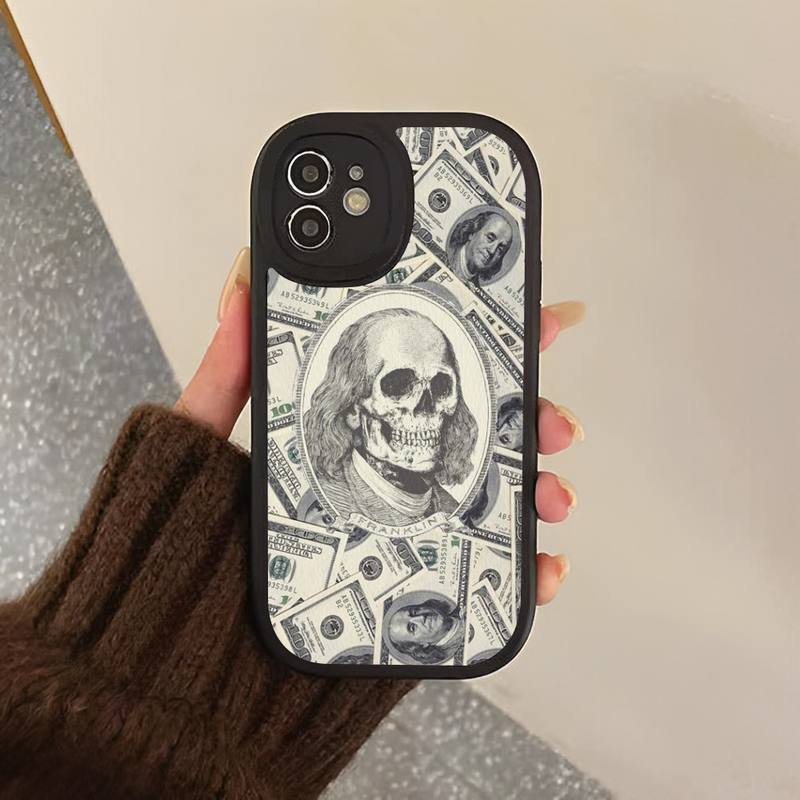 Yinuoda Lustige Totenkopf-Währungs-Telefonhülle, Hartleder-Telefonhülle für iPhone 13 12 Mini 11 14 Pro Max Xs X Xr 7 8 Plus 6 6s Se