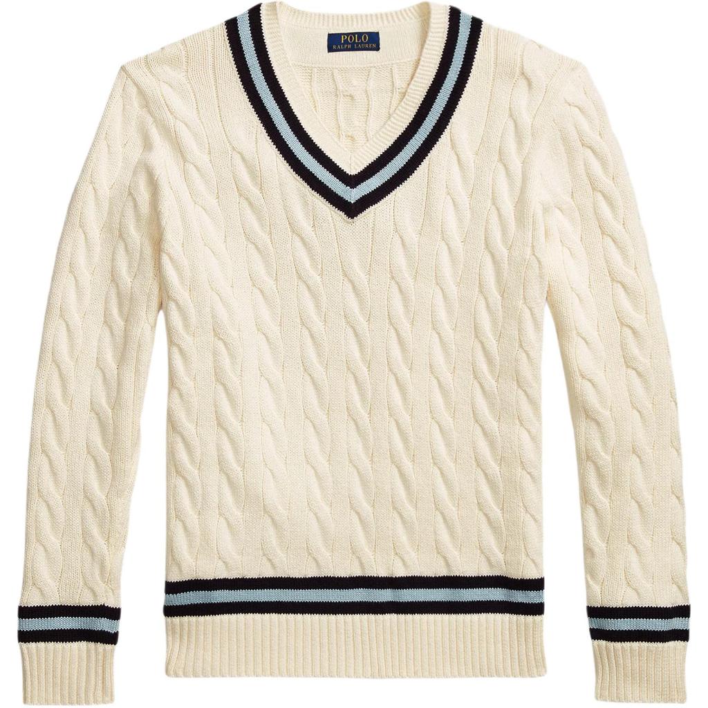 Polo Ralph Lauren Striped Detail V-Neck Long Sleeve Cable Knit Sweater Standard Fit Men sweater 710742326-001