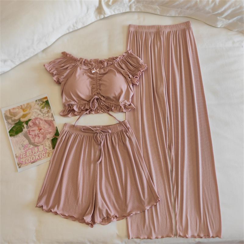 Women's Summer Puff Sleeve Modal Pajamas Set with Integrated Breast Pads - Sexy Pure Desire Homewear