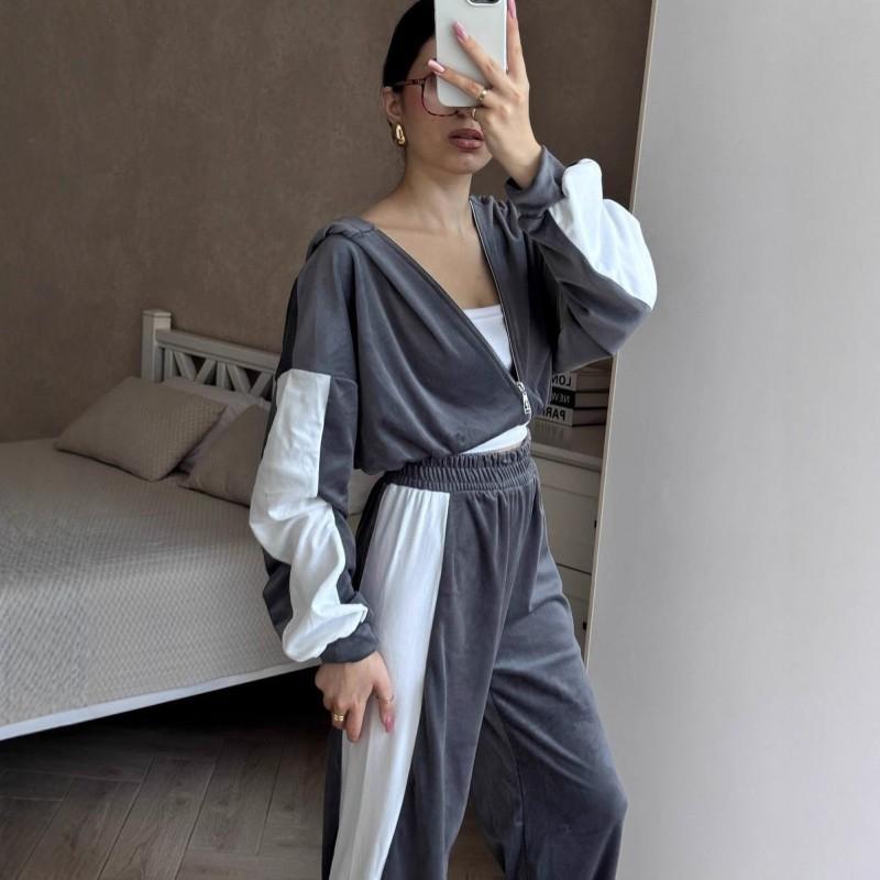 Women's Casual Suit Fashion Sports Color Matching Long-sleeved Zipper Cardigan Contrast Top Trousers