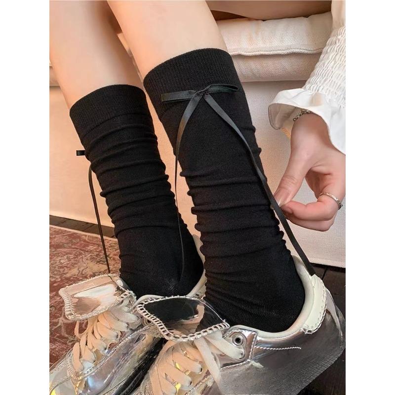 Autumn Women's Calf Socks with Bow Ribbons, High Appearance Level, Ballet Style, Thin and Breathable Lolita Women's Socks