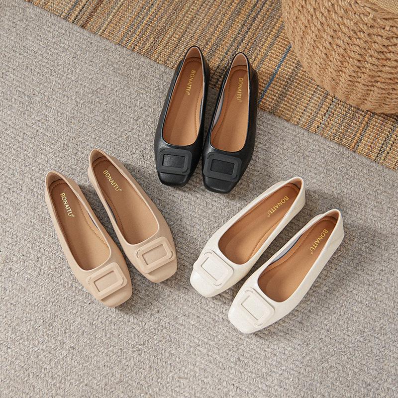 Women's Genuine Leather Slip-On Flats: Versatile, Low-Cut, Square Toe, Soft Sole, Plus Size 41-43, 2025 Collection.