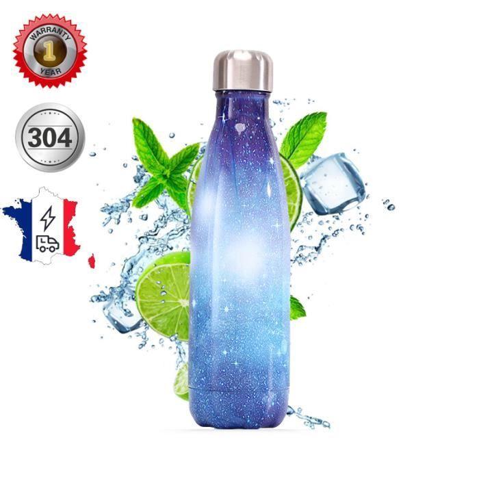 Bouteille thermos, bouteille isotherme, bouteille d'eau en acier inoxydable,garde au chaud pendant 12-24 hrs-500 ml bleu ciel étoilé