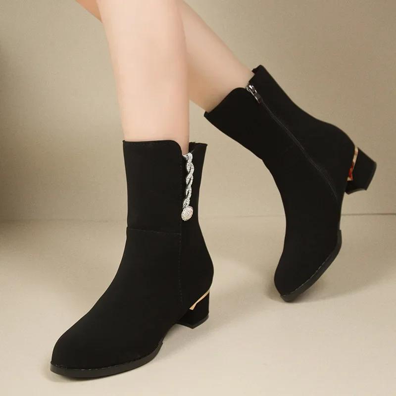 Fashion Comemore Chunky Heel Boots Women Autumn Winter Fashion Black Suede Single Short Botas Rhinestone 4cm Medium Heel Botines Mujer