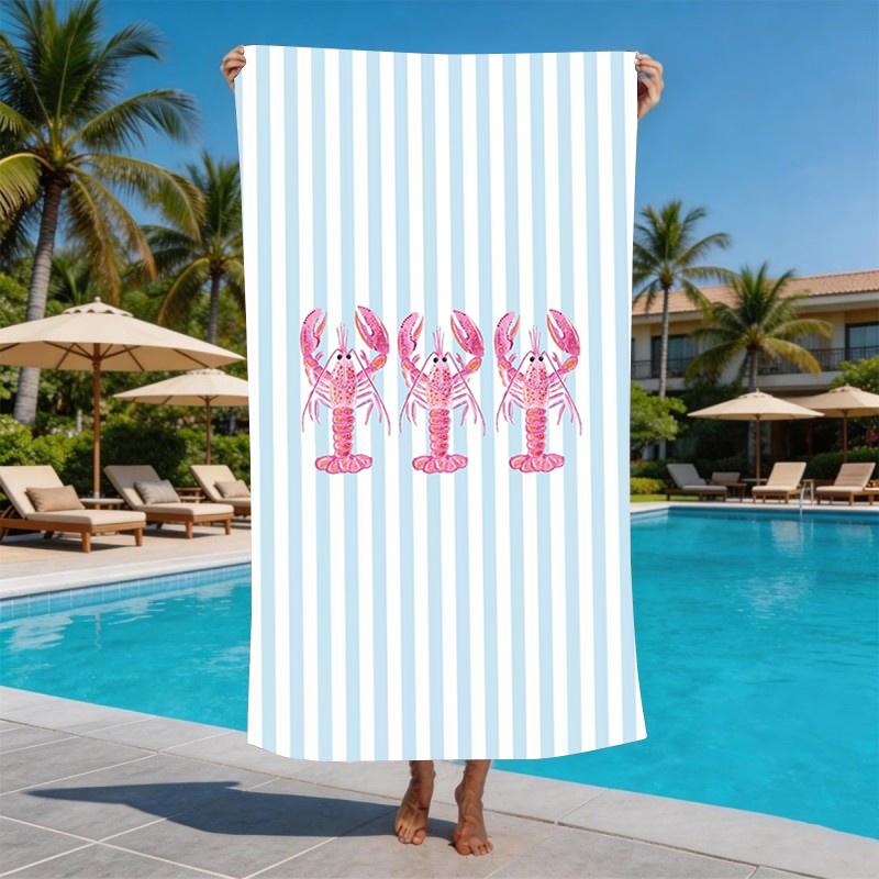 Cute Beachy Vibrant Lobster Microfiber Beach Towel Large Stripe Sand Free Pool Towel Quick Dry Lightweight Compact Travel Bag