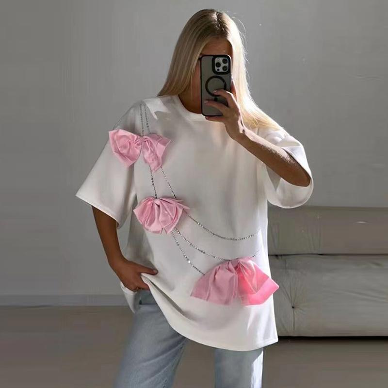 3D Bowknot Solid Cotton T-shirt Women Sweet Rhinestone O-neck Short Sleeve Shirts Female New Spring Fashion Design Tops