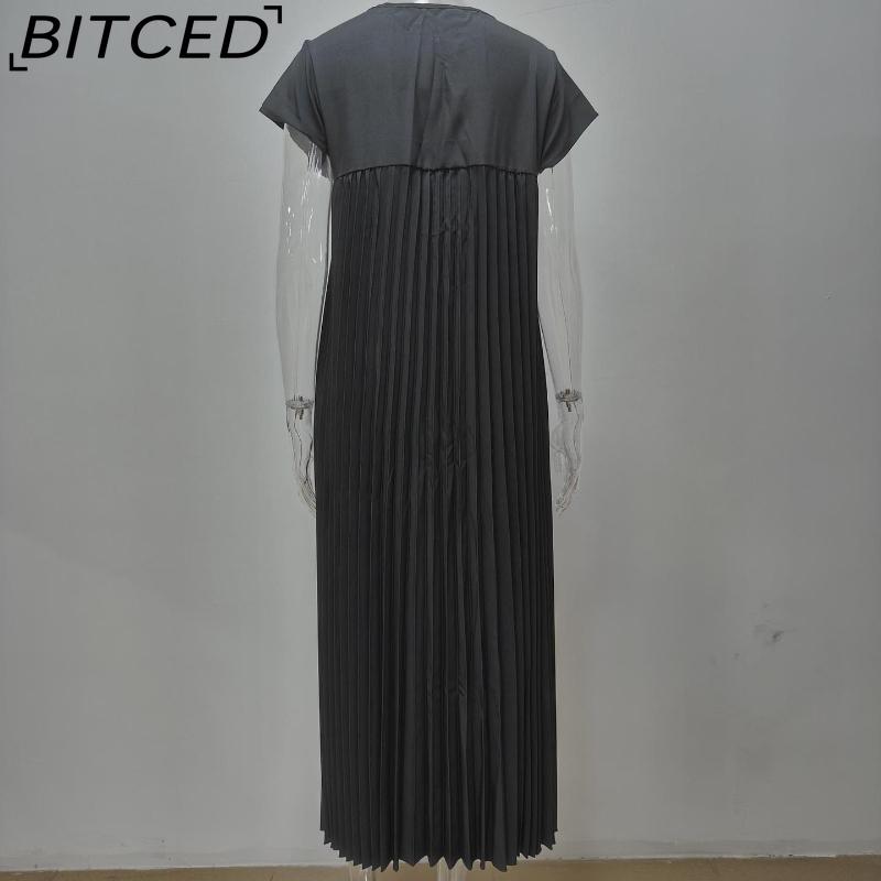 BITCED Herbst Damen Elegantes Mode O-Ausschnitt Ärmelloses Plissee Maxikleid