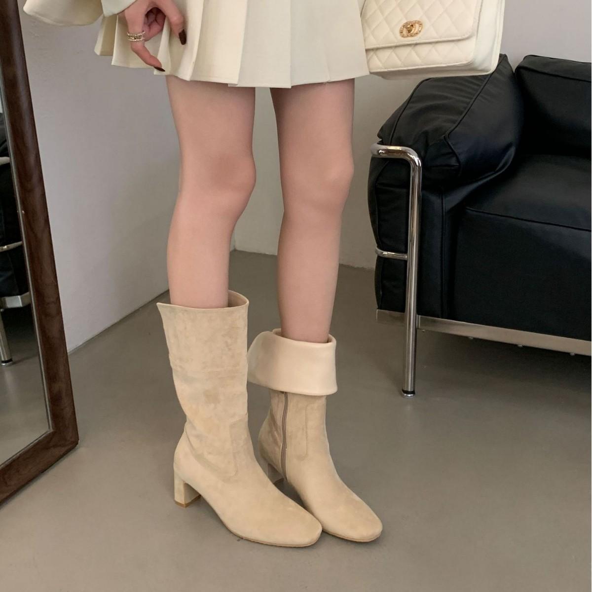 

2025 new autumn and winter round head side zipper thin thick heel fashion medium tube two wear knight women s short boots 39 чёрный
