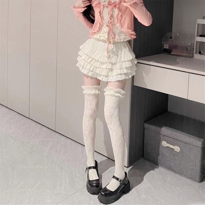 Japanese Style Fishnet Thigh Highs Stockings for Women JK Girl Flower Patterned Lace Ruffle Trim Frilly Over Knee Socks