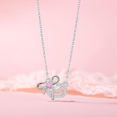 Original Bow, Bag, Necklace, Temperament, Pink Zirconium Love, Female Niche Design, Heart-shaped Stainless Steel Collarbone Chain