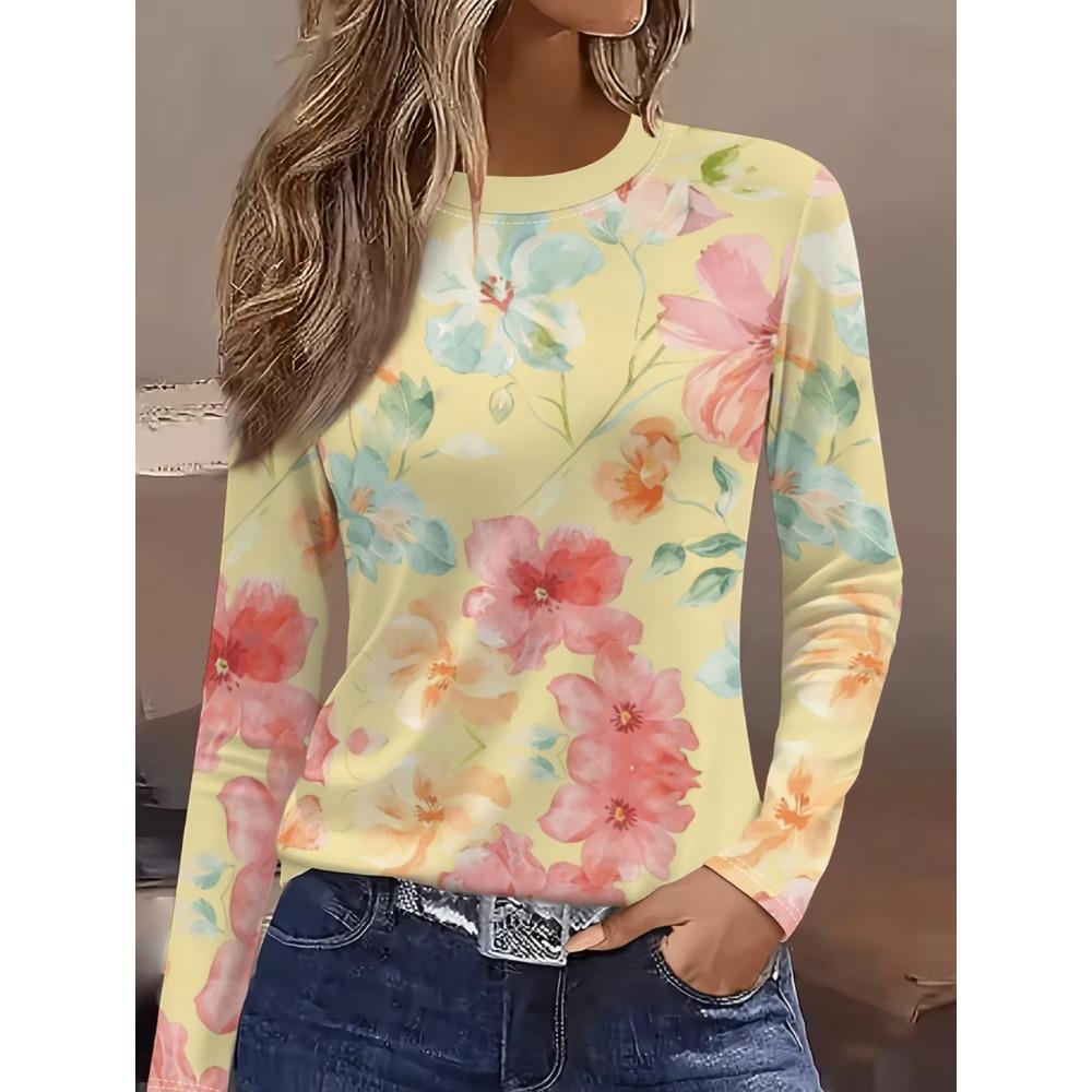 Vintage Floral 3D Print Women's Crew Neck Long Sleeve T-Shirts Comfortable Fashion Tops Tee Y2k Clothes Harajuku Female Clothing