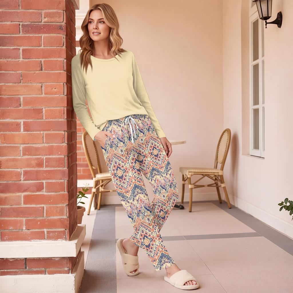 Damen Freizeit-Schlafanzug-Set mit Print, Rundhalsausschnitt und Lockerer Passform für Nachtwäsche und Loungewear