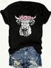 Pink Highland Cow Floral Crown Print Women Round Neck Short Sleeve Tee