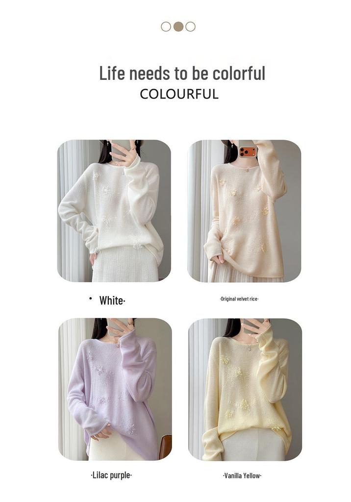 2026 Autumn/Winter Women's Pure Wool Hand-Embroidered Loose Knit Sweater with Round Neck and Long Sleeves