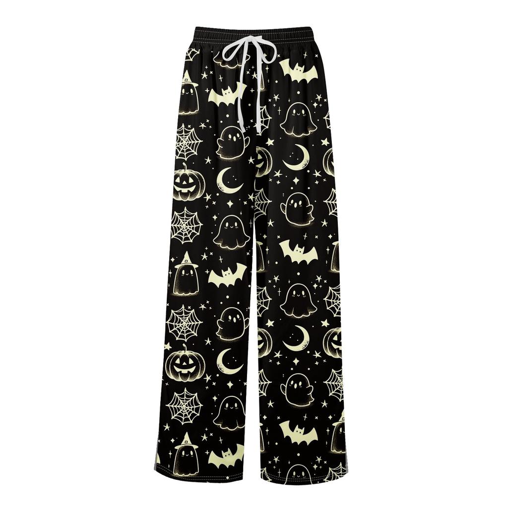 Damen Sommer Boho Palazzo Hose Hohe Taille Weites Bein Halloween Druck Lässige Hose mit Taschen