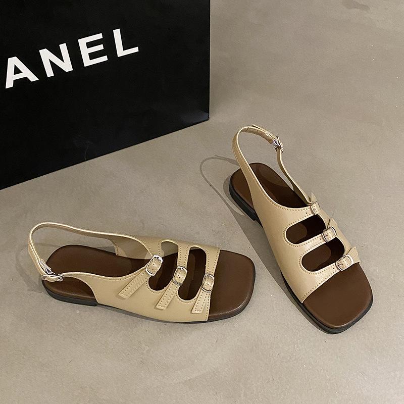 

Модные сандалии женские лето 2025 новые ретро французские сказочные ветреные пляжные морские модные мягкие плоские римские туфли 42 хаки