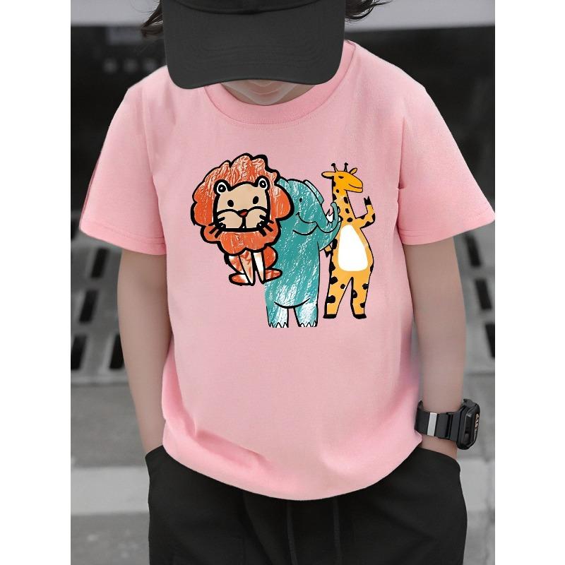 Boys Knit Crewneck T-Shirt, Cute Lion Elephant Giraffe Cartoon Animal Print