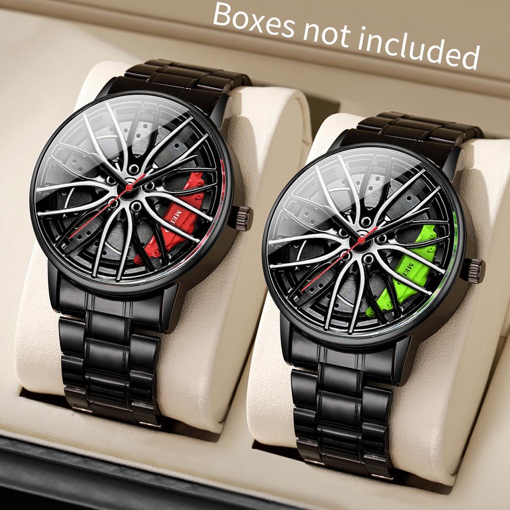 2PCS Men Business Watches Fashion 3D Car Wheel Dial Men Sports Watch Stainless Steel Band Analog Quartz Watch Set