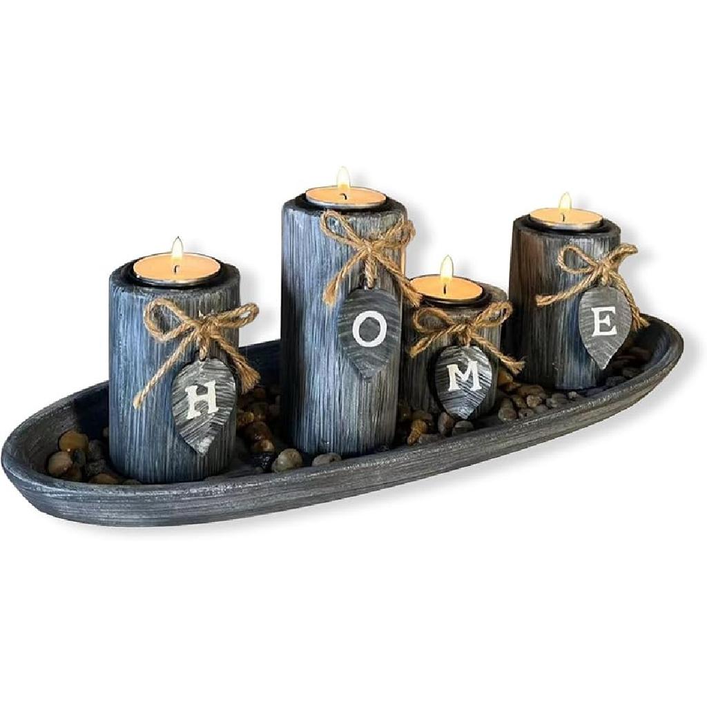 Wooden Candle Holders Centerpieces for Living Room Coffee Table Decorations,Farmhouse Table Decor Tealight Candles Holders with Rustic