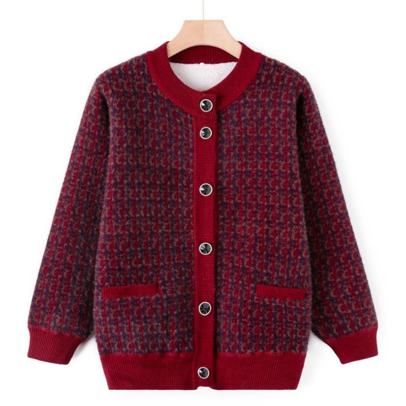 Middle-aged and Old Autumn and Winter Clothes Fleece Thickened Cardigan Sweater Female Mother Warm Knitted Sweater Jacket Elderly Grandma Clothes