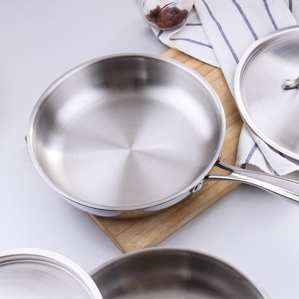 Stainless Steel Frying Pan Uncoated Non-Stick  Pot Kitchen Cookware Saucepan with Long Handle
