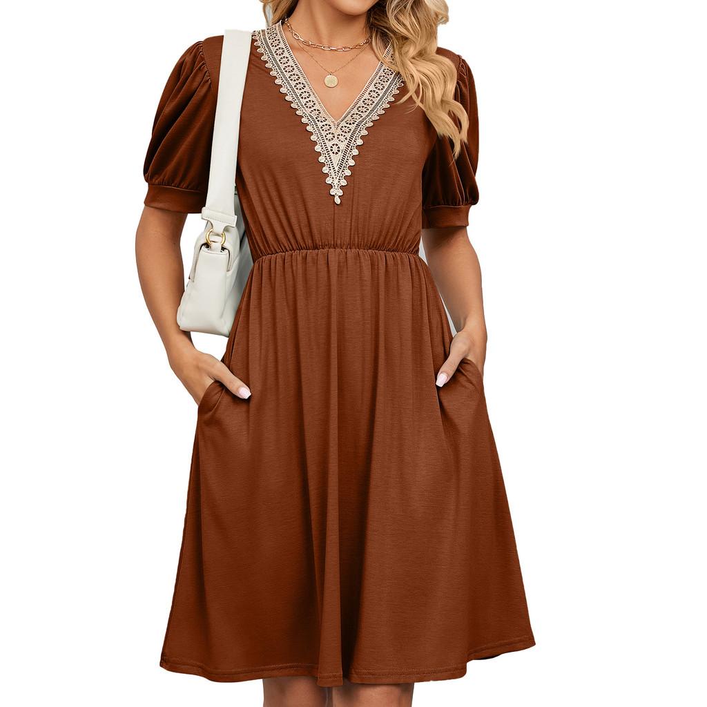 Städtisches Stilkleid mit Taschen und V-Ausschnitt für den Frühling, Freizeitkleidung