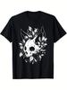Cat Skull Floral Graphic Tee Men's Soft Cotton Casual Crew Neck T-Shirt Breathable Short Sleeve