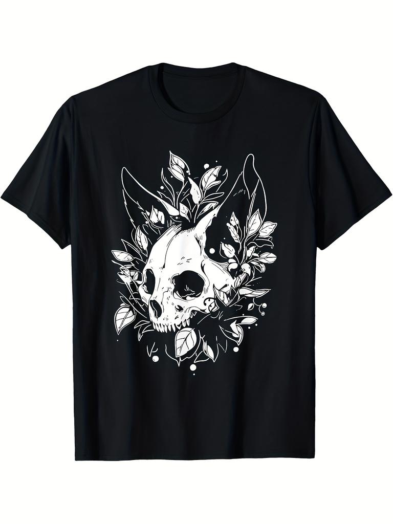 Cat Skull Floral Graphic Tee Men's Soft Cotton Casual Crew Neck T-Shirt Breathable Short Sleeve