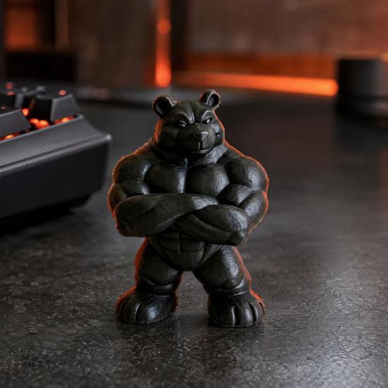 3D Printed Muscle Bear Statue Matte Black Fitness Ornament for Office Bookshelf Gym