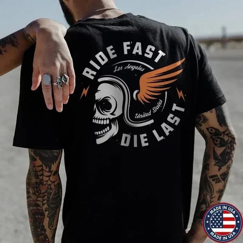 RIDE FAST DIE LAST Crazy Skull with a wings helmet Black Print T-shirt XXXL