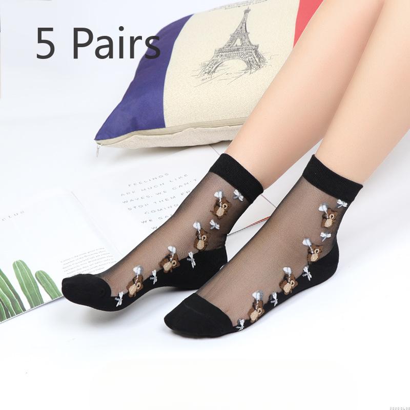5 Pairs of Light and Breathable Cartoon Bear Mid Calf Socks for Women In Spring and Summer