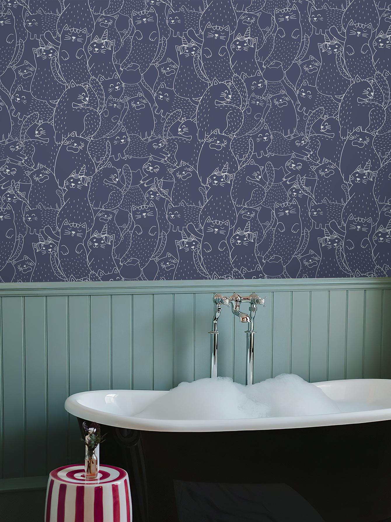 

Милый эскиз кошки Линейные виниловые обои Ретро Самоклеящаяся наклейка Животное Фреска Белый Водонепроницаемый Декор стены детской комнаты 44cmx300cm