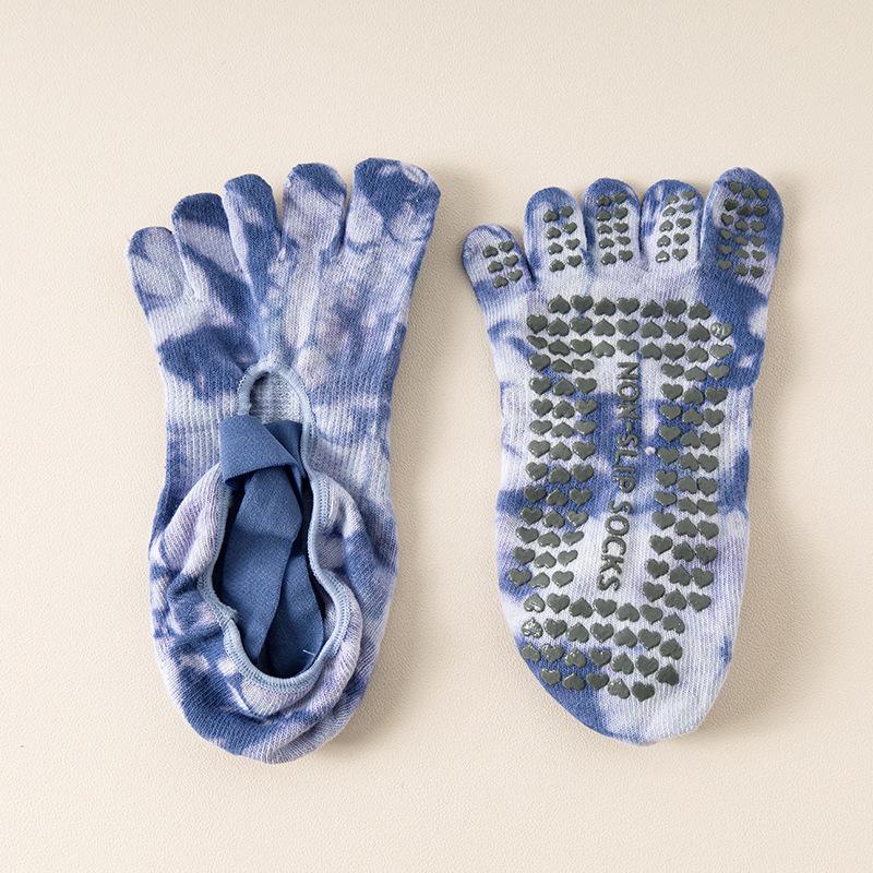 Five Toes Yoga Socks Women Backless Breathable Bandage Tie-dye Pilates Socks Silicone Non-slip Indoor Workout Dance Sports Socks