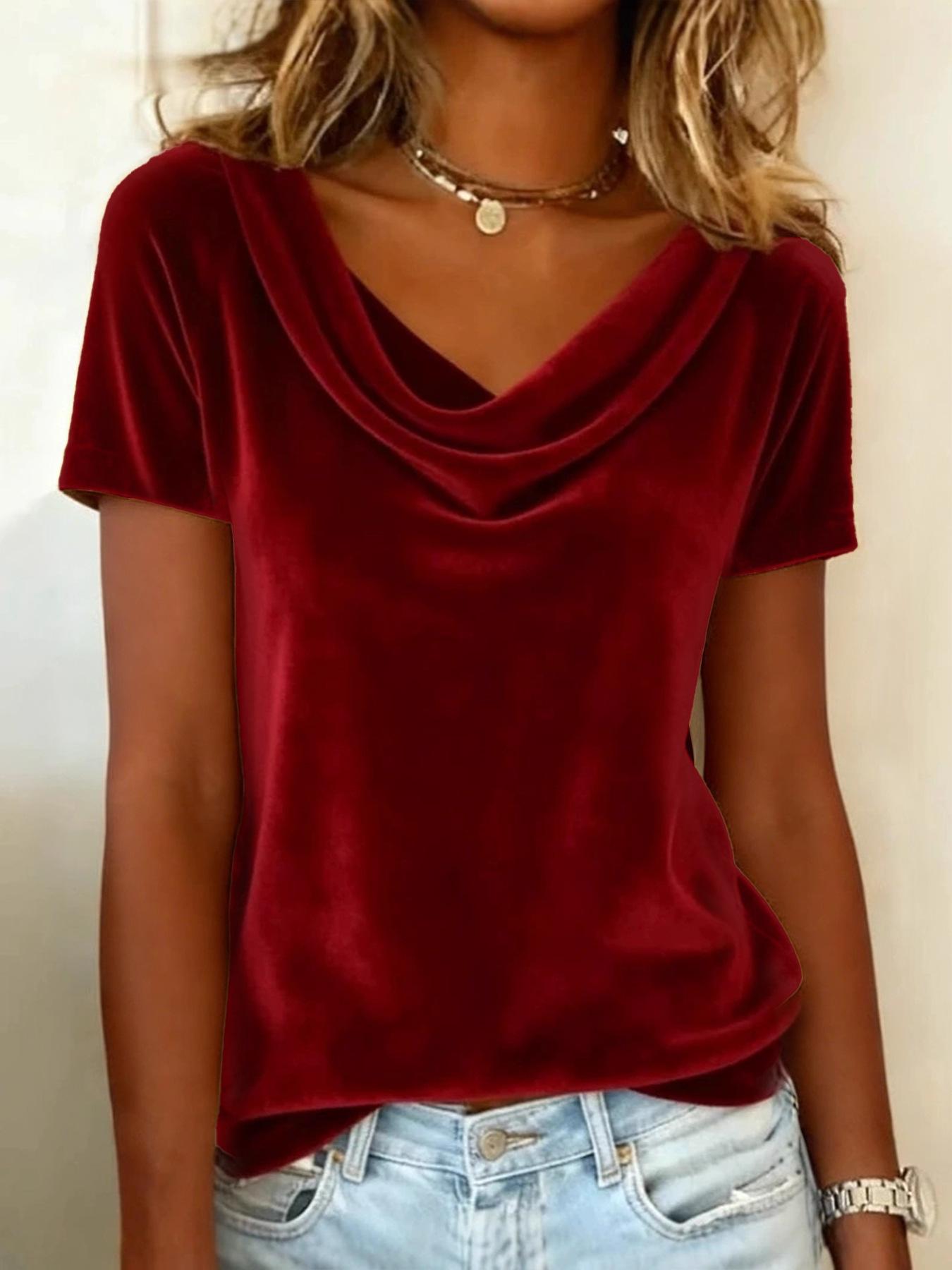 

2025 European & American Velvet Swing Collar Short Sleeve Women s T-shirt M вина червоного кольору