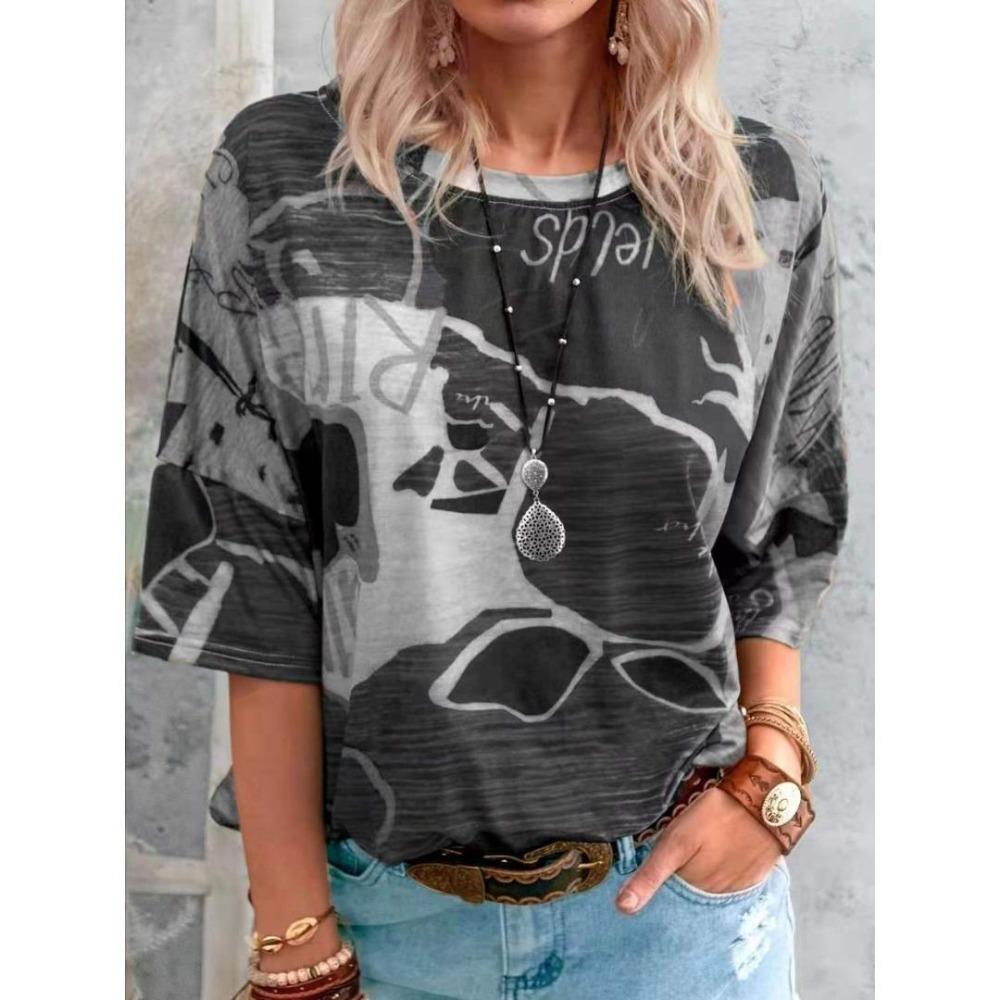 Women's Fashionable Casual Summer Spring Striped Printed Short Sleeved Round Neck T-shirt and Top