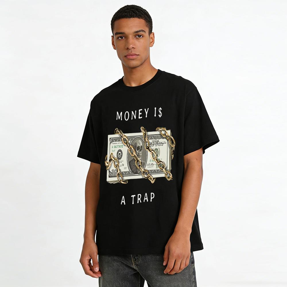 Money Is A Trap Skull Dollar Chain Graphic Casual Tee Pure cotton T-shirt