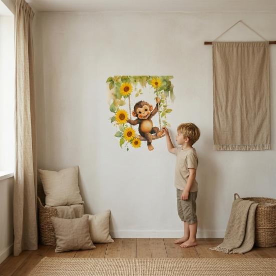Yousheng Wall Stickers, Monkey On The Swing Shape, Self-Adhesive Waterproof Wall Decals, Easy Repositioning Window Clings for Kids