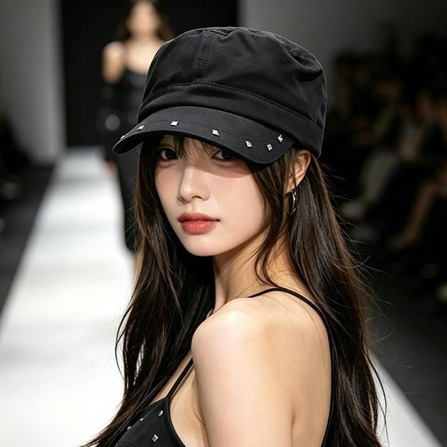 Casquette plate rétro américaine à rivets pour femmes, nouvelle collection printemps-automne, béret noir polyvalent affinant le visage, petit chapeau