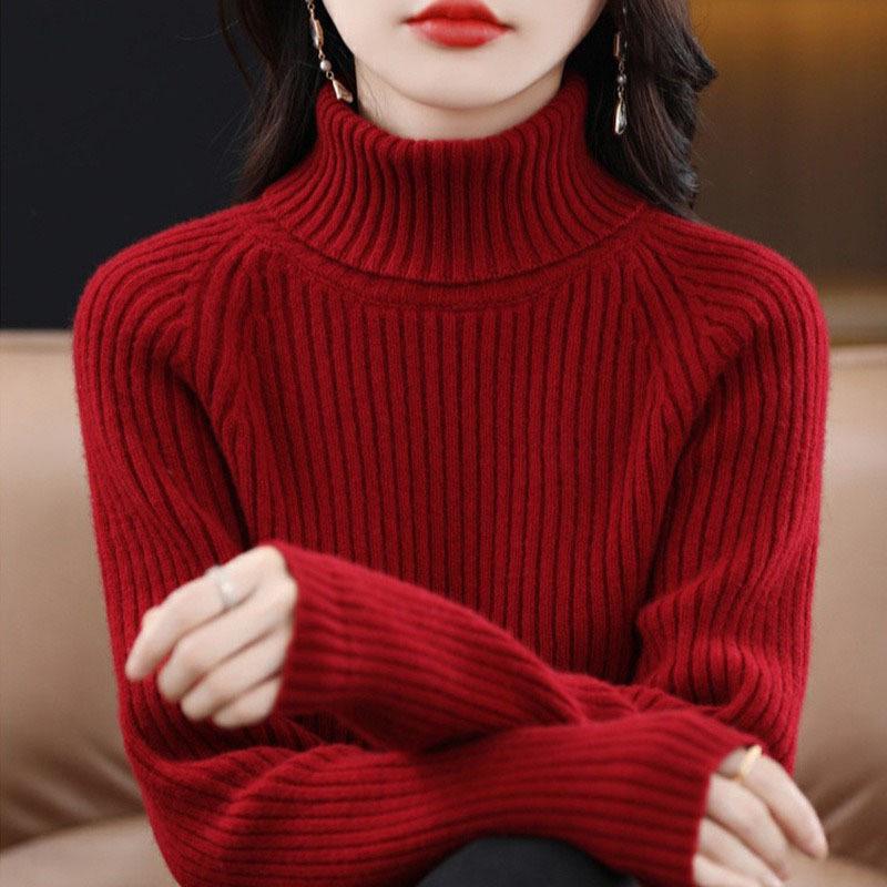 

Осенне-зимний женский свитер с высоким воротником, вязаный свитер свободного кроя, женский базовый свитер с длинными рукавами 3XL красный