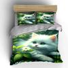 White Cat Gazing At Leaves Print Bedding Set 1 Duvet Cover 2 Pillowcases for Adult and Children Luxury Gift Full Size