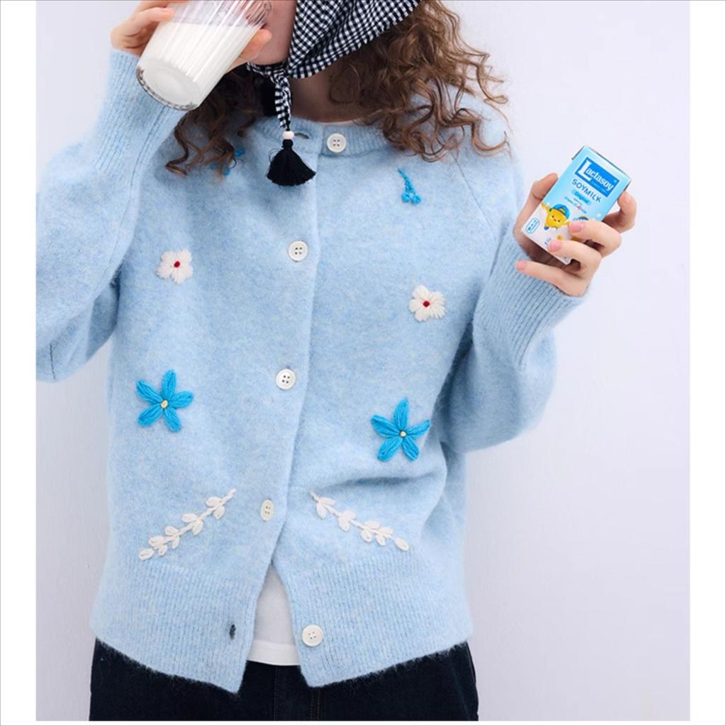 Dimanaf 2025 Autumn Jacket Women Sweaters Coat Embroidery Wadded Coat Cardigan Knitting Pockets Blue Pink Sweater