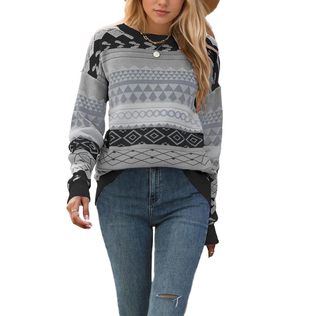 2025 Autumn/Winter Vintage Multi-Color Diamond Jacquard Patchwork Women's Pullover Sweater