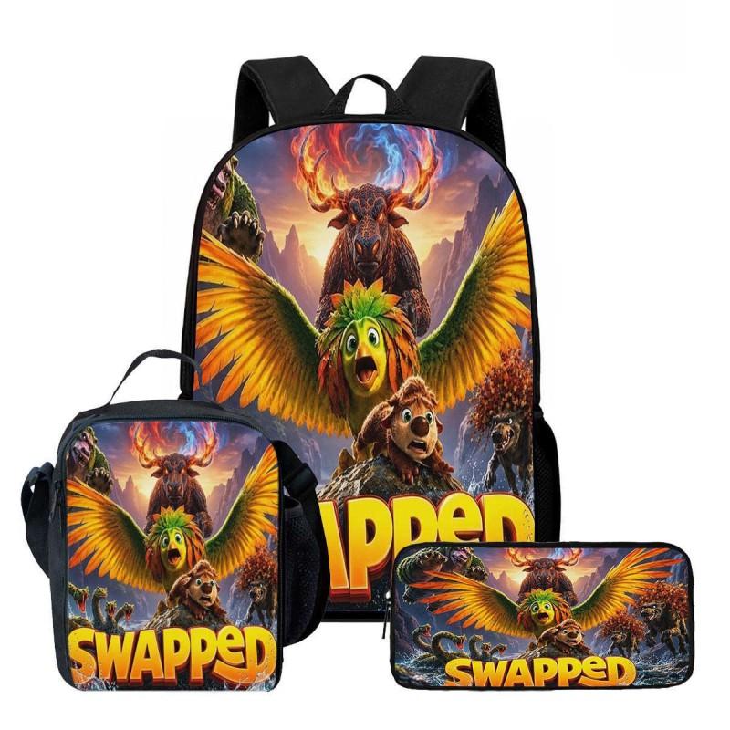 Kids Cartoon Backpack Lunch Bag Pencil Case 3-Piece Set With Fun Print Design School Use