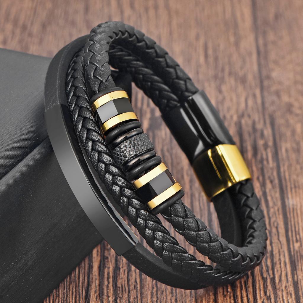 Leather Rope Cowhide Men's Double-layer Bracelet, Genuine Leather Woven Bracelet Jewelry Multi-layer Leather Bracelet