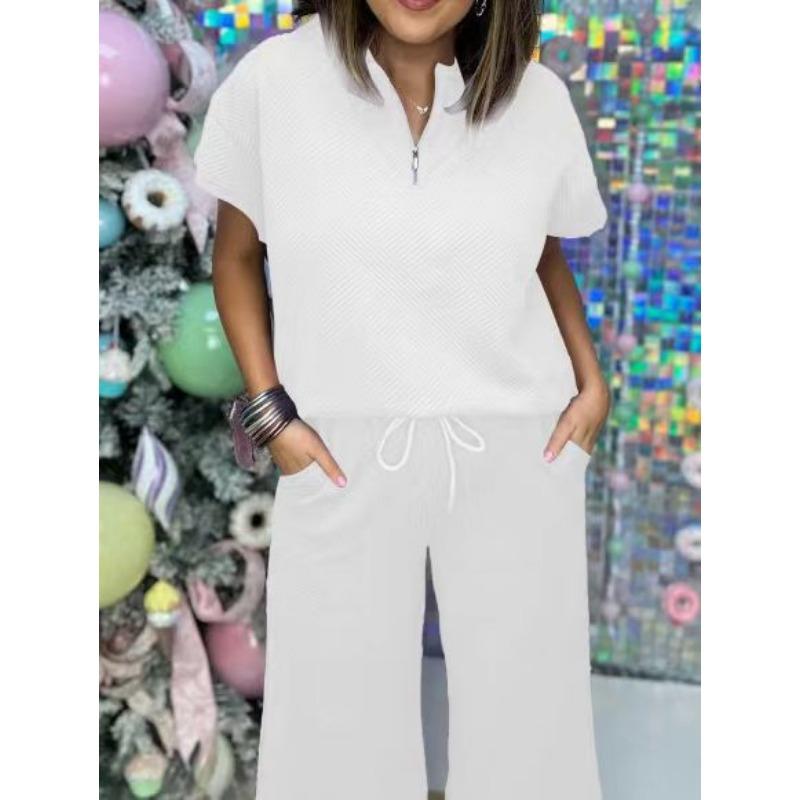 

Женская мода повседневная летняя весна однотонный принт короткий рукав V-образный вырез брюки брюки костюмы S