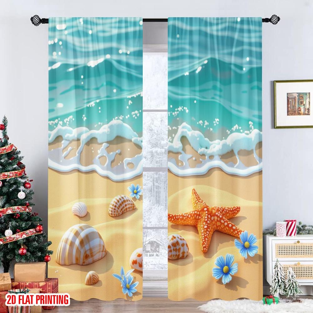 Flat Printing Curtain Starfish Shells Beach Tropical Ocean Digital Printed Polyester Drapes Festive Holiday Use Door Curtains Set Of 2 Made