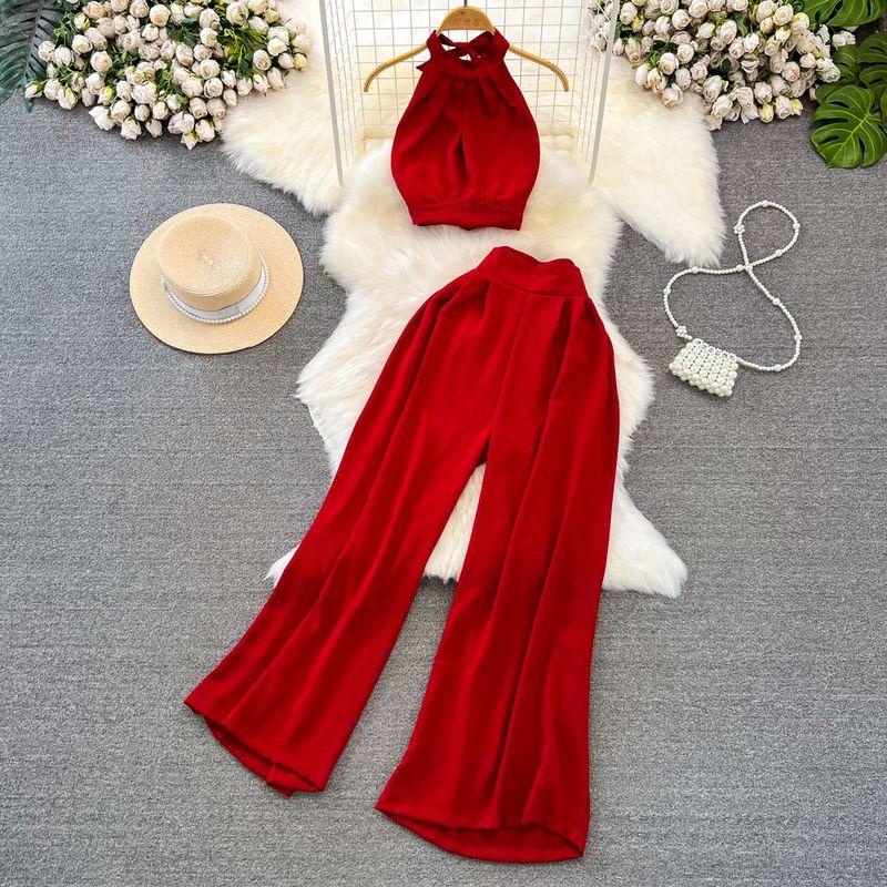 

Off-the-Shoulder Seaside Holiday Slim Looking Straight-leg Fashion Suit Red All yards