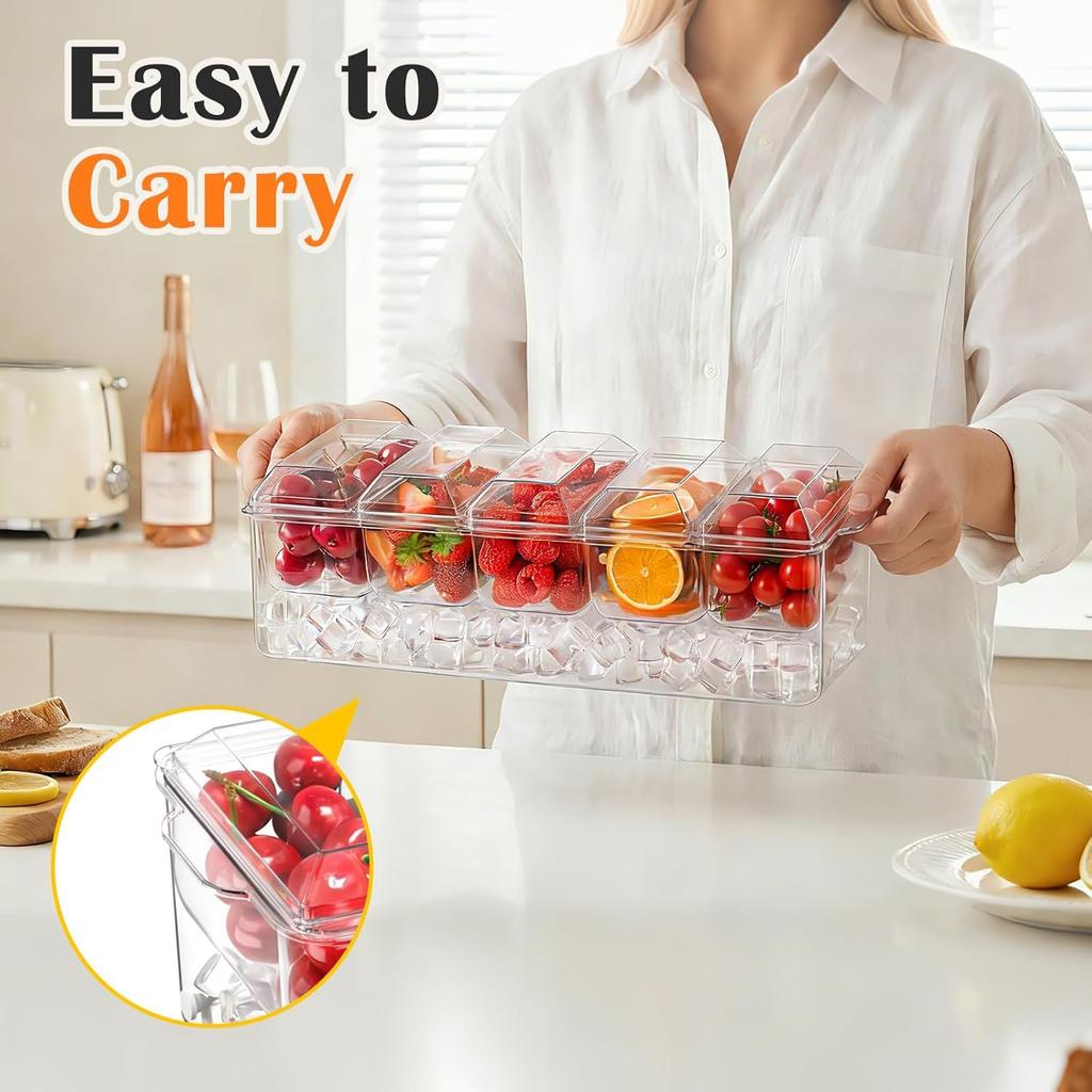 Condiment Tray, Chilled Condiment Server for Home, Party, Celebration, Bar Garnish Holder on Ice,Bar Accessories Fruit,Salad with Removable Trays&Lids