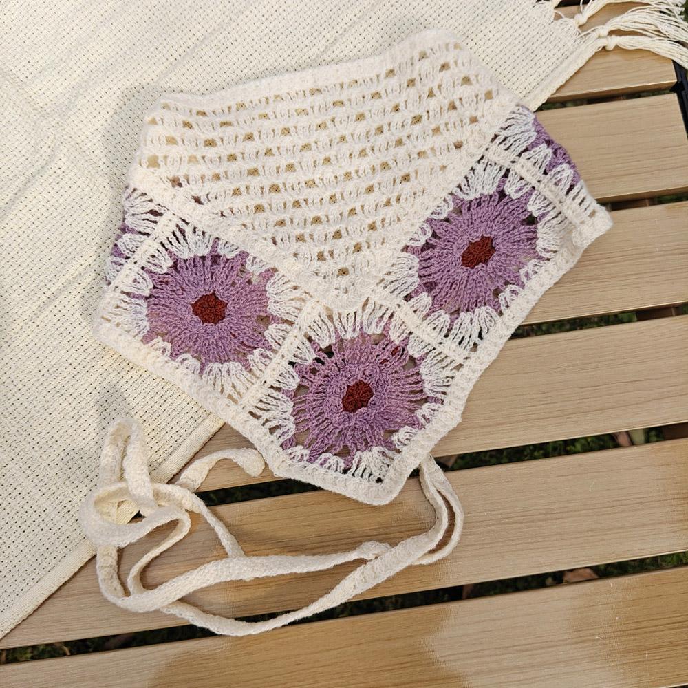 Retro Knitted Triangle Headband Handmade Crochet Hollow Floral Bandana French Sweet Hair Scarf Kerchief Korean Photo Headscarf